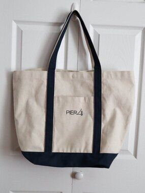 Pier 4 Heavy Cotton Canvas Tote Bag Snap Closure Navy & Beige Nautical Coastal